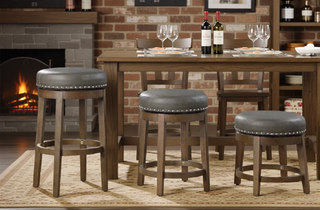 Sunvega Gray Faux Leather Swivel Stools with Nailhead Trim and Solid Wood Frame