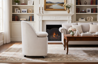 Sunvega Chenille Fabric Dining Arm Chair with Upholstered Back Cushion and Universal Wheels