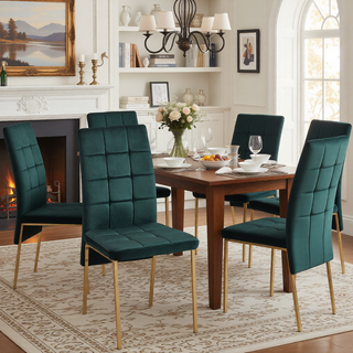 Sunvega Dark Blue Velvet High Back Nordic Dining Chair with Golden Legs Set Of 4