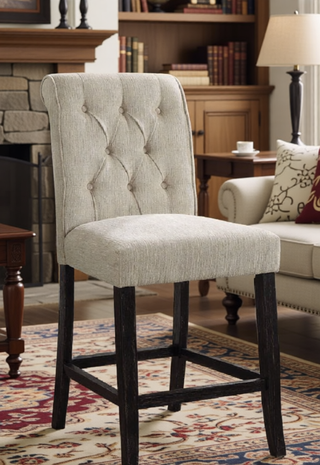 Sunvega Set of 2 Beige Chenille Upholstered Counter Height Chairs with Rustic Oak Legs