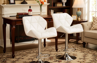 Sunvega Blue PU Leather Diamond-Tufted Swiveling Adjustable Height Bar Stools Set of 2