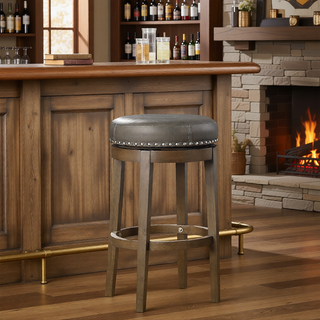 Sunvega Gray Faux Leather Swivel Stools with Nailhead Trim and Solid Wood Frame