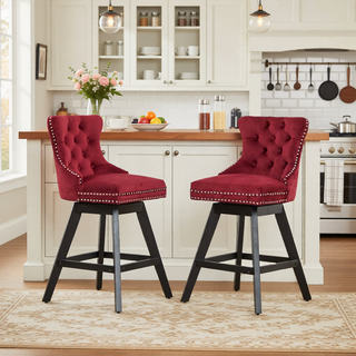 Sunvega Swivel Velvet Barstools with Button Tufted Back and Chrome Nailhead Trim