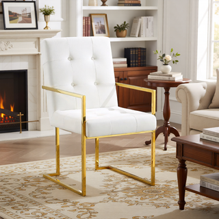 Sunvega Modern Linen Dining Arm Chair with Tufted Design and Gold Metal Base