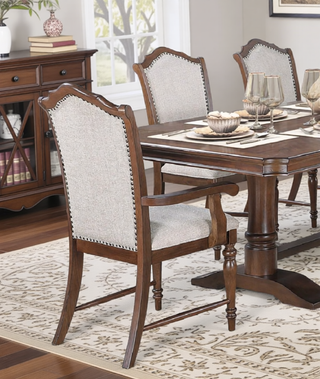 Sunvega Traditional Cherry Finish Wooden Side Chairs with Gray Textured Fabric Upholstery