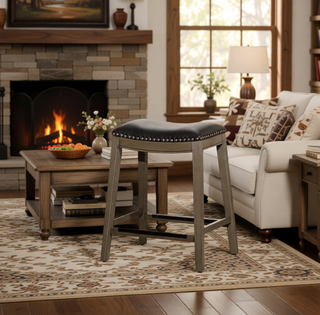 Sunvega Natural Finish Saddle Leather Seat Counter Stool with Footrest and Nail Head Trim