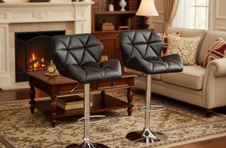 Sunvega Blue PU Leather Diamond-Tufted Swiveling Adjustable Height Bar Stools Set of 2