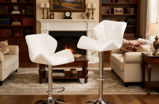Sunvega Blue PU Leather Diamond-Tufted Swiveling Adjustable Height Bar Stools Set of 2