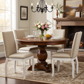 Sunvega Set of 4 Natural Wood Wash Upholstered Fabric Dining Chairs with Nailhead Trim