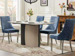 Sunvega Blue Rayon Cloth Flocking Linen Dining Chairs with High Backrest and Solid Wood Legs, Set of 2
