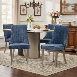 Sunvega Blue Rayon Cloth Flocking Linen Dining Chairs with High Backrest and Solid Wood Legs, Set of 2