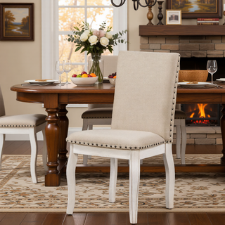 Sunvega Set of 4 Natural Wood Wash Upholstered Fabric Dining Chairs with Nailhead Trim