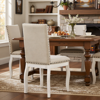 Sunvega Set of 4 Natural Wood Wash Upholstered Fabric Dining Chairs with Nailhead Trim