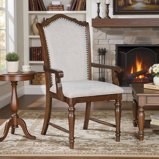 Sunvega Traditional Cherry Finish Wooden Side Chairs with Gray Textured Fabric Upholstery