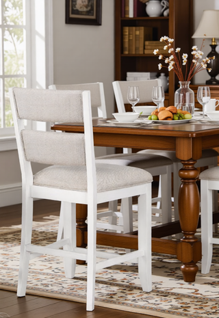 Sunvega Transitional White Finish Upholstered Counter-Height Dining Bench with Linen Look Fabric