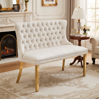 Sunvega Mid Century Modern Velvet Double Dining Loveseat Bench with Gold-Plated Steel Legs