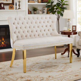 Sunvega Mid Century Modern Velvet Double Dining Loveseat Bench with Gold-Plated Steel Legs