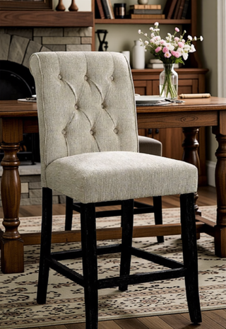 Sunvega Set of 2 Beige Chenille Upholstered Counter Height Chairs with Rustic Oak Legs