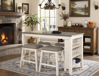 Sunvega Antique White and Rosy Brown Wooden Counter Height Table with Built-in Shelves