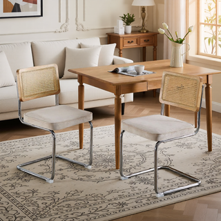 Sunvega Mid Century Modern Dining Chairs Set of 2 with Velvet Upholstery and Natural Rattan Back