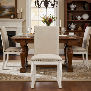 Sunvega Set of 4 Natural Wood Wash Upholstered Fabric Dining Chairs with Nailhead Trim