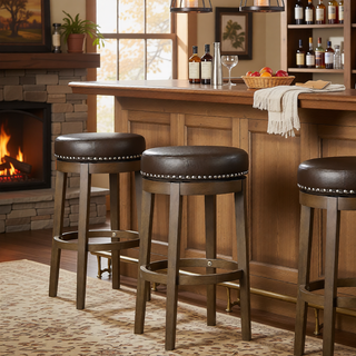 Sunvega Gray Faux Leather Swivel Stools with Nailhead Trim and Solid Wood Frame