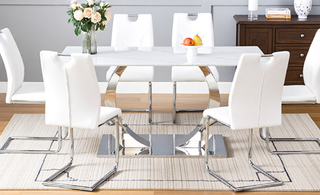 Sunvega White PU Dining Chair Set with Silver Metal Legs and High Resilience Sponge Filling