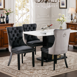 Sunvega Modern Tufted PU and Velvet Upholstered Dining Chair with Wood Legs and Nailhead Trim