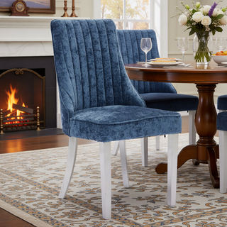 Sunvega Blue Rayon Cloth Flocking Linen Dining Chairs with High Backrest and Solid Wood Legs, Set of 2