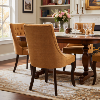 Sunvega Blue Rayon Cloth Flocking Linen Dining Chairs with High Backrest and Solid Wood Legs, Set of 2