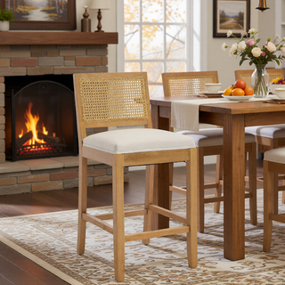 Sunvega Full Solid Wood Rattan-Back Bar Stool with Matte Linen Cushion for Kitchen Island