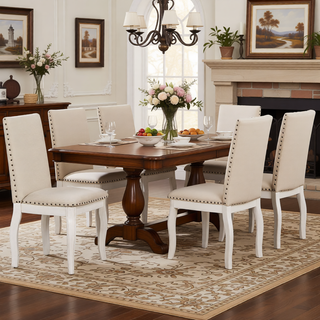 Sunvega Set of 4 Natural Wood Wash Upholstered Fabric Dining Chairs with Nailhead Trim
