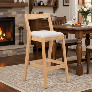 Sunvega Dark Brown Rubberwood Barstool with Beige Upholstery and Thick Cushioned Seat Set of 2