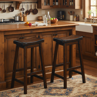 Sunvega Black Finish Bar Height Solid Wood Saddle Seat Stools Set of 2