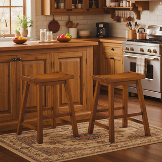 Sunvega Black Finish Bar Height Solid Wood Saddle Seat Stools Set of 2
