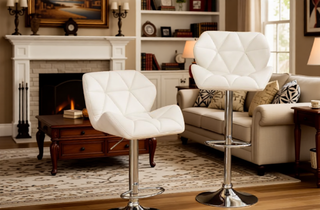 Sunvega Blue PU Leather Diamond-Tufted Swiveling Adjustable Height Bar Stools Set of 2