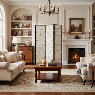 Sunvega European Motif French Script Fabric 3-Panel Folding Screen Room Divider