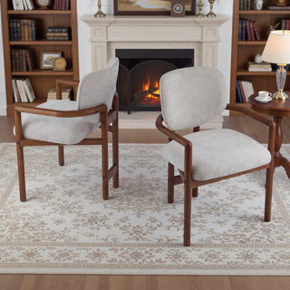 Sunvega Upholstered Arm Chairs Set of 2 with White Fabric Seating and Rubber Wood Frame