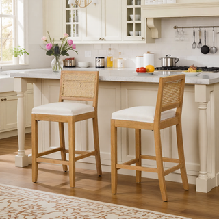 Sunvega Full Solid Wood Rattan-Back Bar Stool with Matte Linen Cushion for Kitchen Island