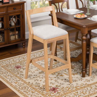 Sunvega Dark Brown Rubberwood Barstool with Beige Upholstery and Thick Cushioned Seat Set of 2