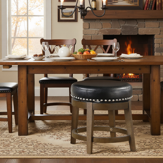 Sunvega Gray Faux Leather Swivel Stools with Nailhead Trim and Solid Wood Frame