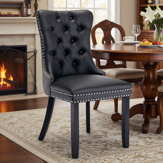Sunvega Modern Tufted PU and Velvet Upholstered Dining Chair with Wood Legs and Nailhead Trim