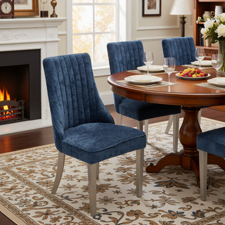 Sunvega Blue Rayon Cloth Flocking Linen Dining Chairs with High Backrest and Solid Wood Legs, Set of 2