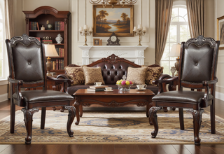 Sunvega Traditional Style Arm Chairs with Luxurious Beige Upholstery and Rich Coffee Brown Finish
