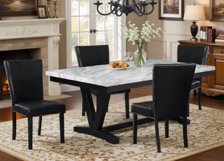 Sunvega Modern White Faux Marble Rectangular Dining Table with V Shape Trestle Base