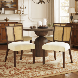 Sunvega Mid-Century Modern Rattan Dining Chairs with Upholstered Seats Set of 2