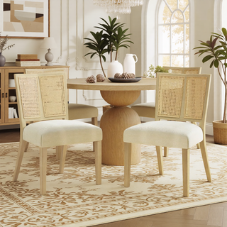 Sunvega Mid-Century Modern Rattan Dining Chairs with Upholstered Seats Set of 2