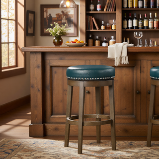 Sunvega Gray Faux Leather Swivel Stools with Nailhead Trim and Solid Wood Frame