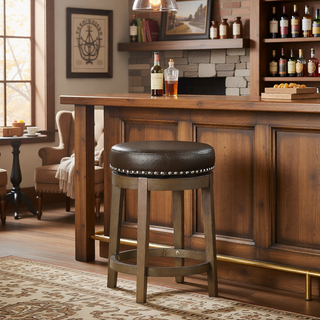 Sunvega Gray Faux Leather Swivel Stools with Nailhead Trim and Solid Wood Frame