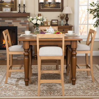 Sunvega Dark Brown Rubberwood Barstool with Beige Upholstery and Thick Cushioned Seat Set of 2